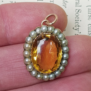 9k Gold Mounted Citrine And Pearl Pendant Antique Victorian Circa 1870