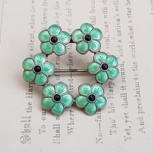 Denmark Sterling Silver Green Enamel Daisy Flower Halo Brooch Antique circa 1910