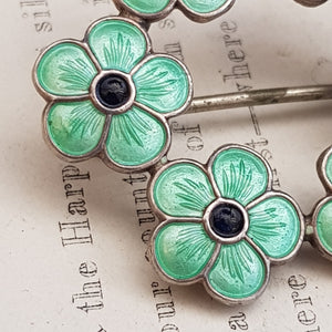 Denmark Sterling Silver Green Enamel Daisy Flower Halo Brooch Antique circa 1910