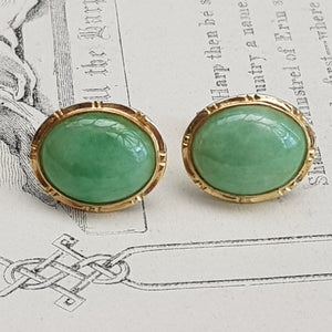 14k Gold Mounted Pair Of Apple Jade Cabochon Ear Studs Vintage circa 1960's