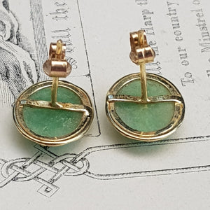 14k Gold Mounted Pair Of Apple Jade Cabochon Ear Studs Vintage circa 1960's
