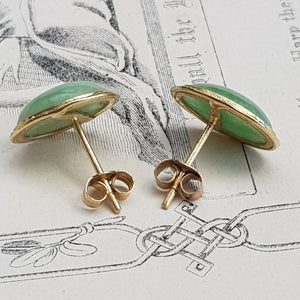 14k Gold Mounted Pair Of Apple Jade Cabochon Ear Studs Vintage circa 1960's