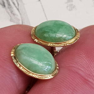14k Gold Mounted Pair Of Apple Jade Cabochon Ear Studs Vintage circa 1960's