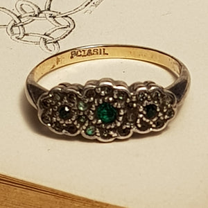 9k Gold And Silver Green & White Paste Daisy Flower Ring Antique Art Deco circa 1920's