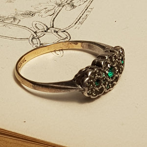 9k Gold And Silver Green & White Paste Daisy Flower Ring Antique Art Deco circa 1920's