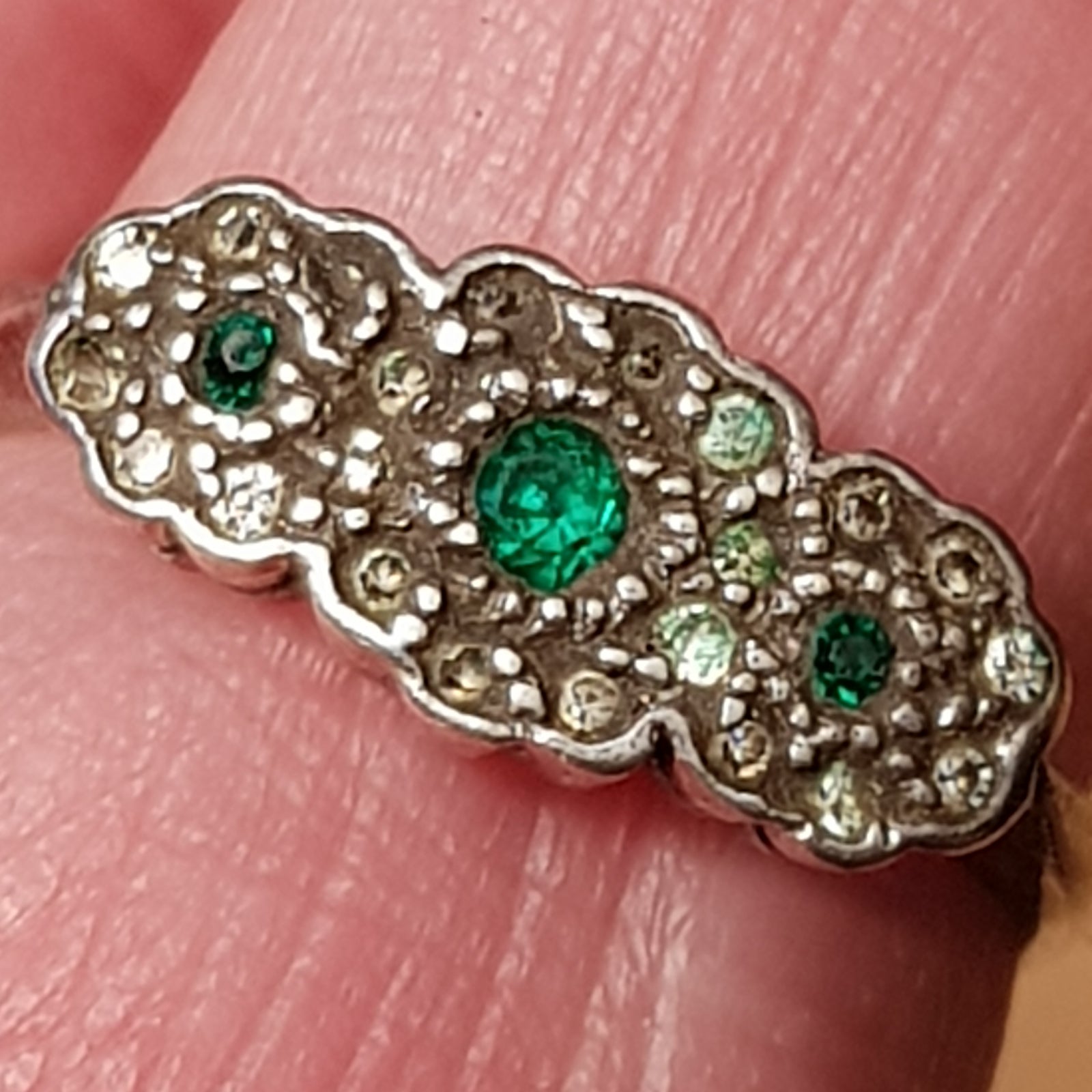 9k Gold And Silver Green & White Paste Daisy Flower Ring Antique Art Deco circa 1920's
