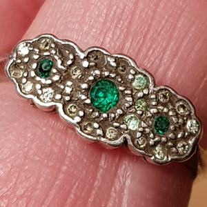 9k Gold And Silver Green & White Paste Daisy Flower Ring Antique Art Deco circa 1920's