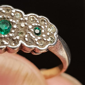 9k Gold And Silver Green & White Paste Daisy Flower Ring Antique Art Deco circa 1920's