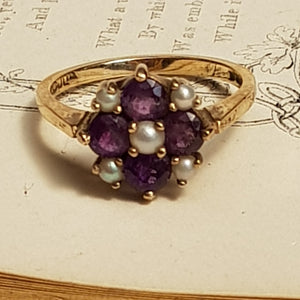 9ct Gold Amethyst & Pearl Daisy Ring Size U.K N Antique Birmingham circa 1889