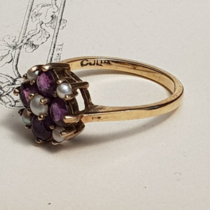 9ct Gold Amethyst & Pearl Daisy Ring Size U.K N Antique Birmingham circa 1889