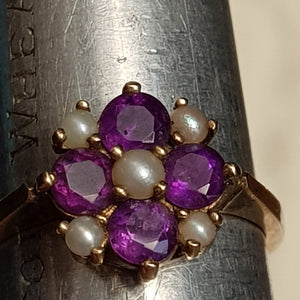 9ct Gold Amethyst & Pearl Daisy Ring Size U.K N Antique Birmingham circa 1889