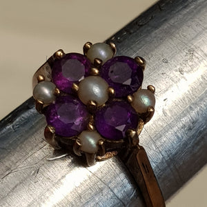 9ct Gold Amethyst & Pearl Daisy Ring Size U.K N Antique Birmingham circa 1889