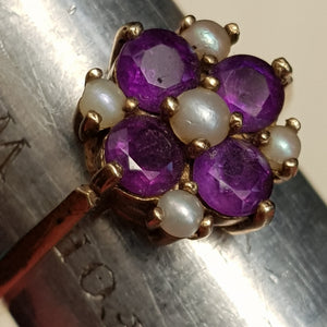 9ct Gold Amethyst & Pearl Daisy Ring Size U.K N Antique Birmingham circa 1889