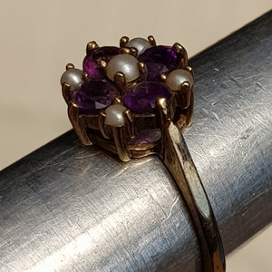 9ct Gold Amethyst & Pearl Daisy Ring Size U.K N Antique Birmingham circa 1889