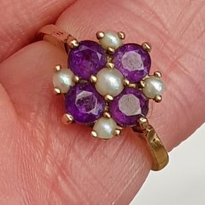 9ct Gold Amethyst & Pearl Daisy Ring Size U.K N Antique Birmingham circa 1889