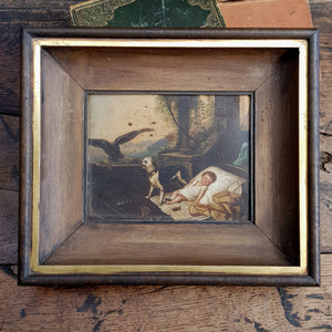 Oil On Board Painting Of Dog Protecting Expired Child From Eagle Antique circa 1800