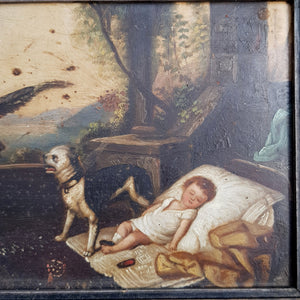Oil On Board Painting Of Dog Protecting Expired Child From Eagle Antique circa 1800