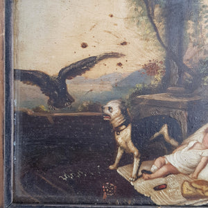 Oil On Board Painting Of Dog Protecting Expired Child From Eagle Antique circa 1800