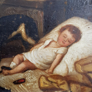 Oil On Board Painting Of Dog Protecting Expired Child From Eagle Antique circa 1800