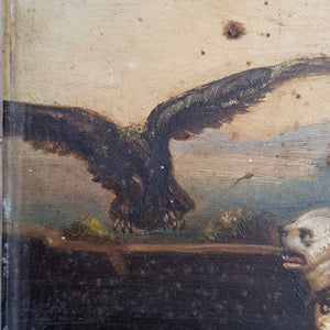 Oil On Board Painting Of Dog Protecting Expired Child From Eagle Antique circa 1800