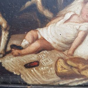 Oil On Board Painting Of Dog Protecting Expired Child From Eagle Antique circa 1800