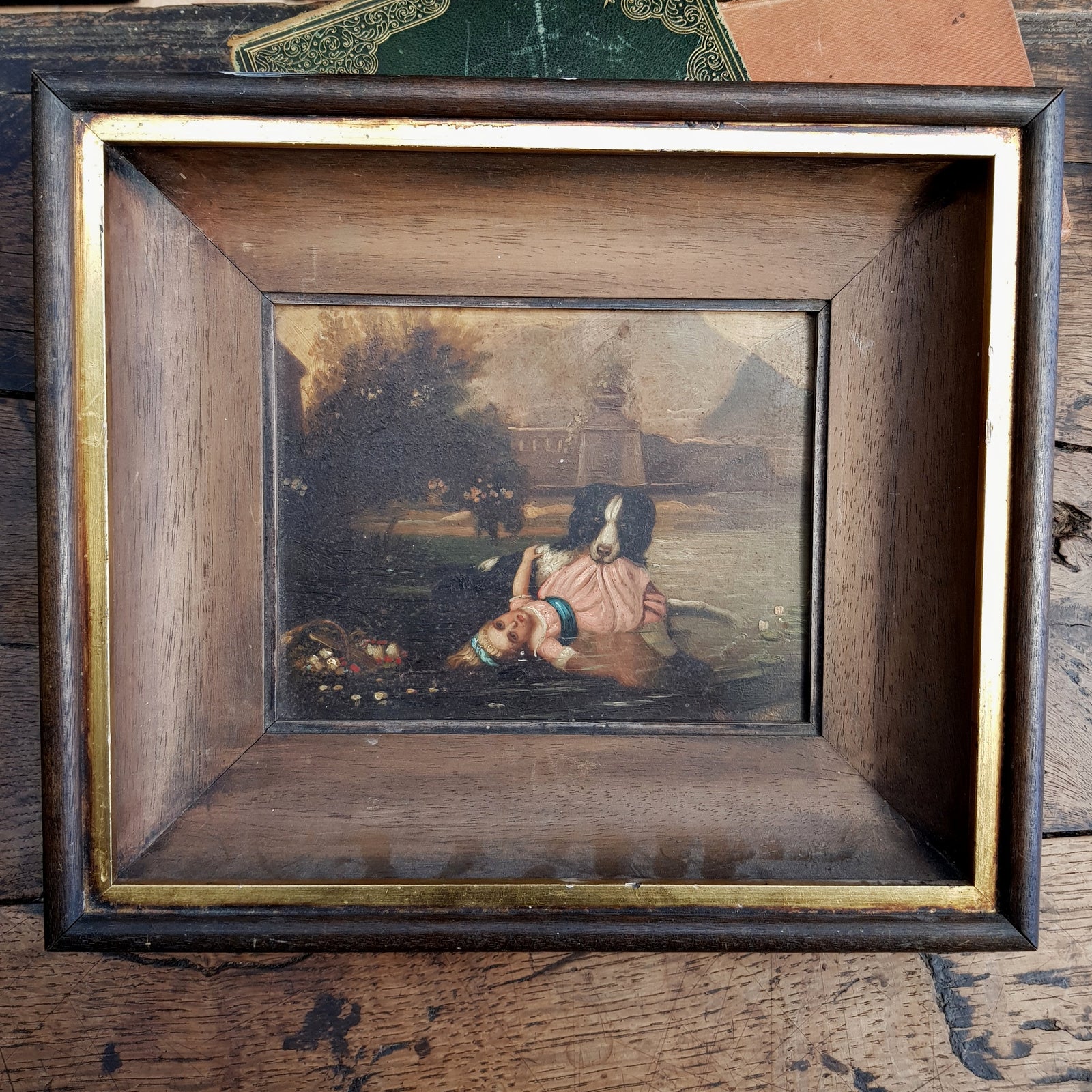 Rare Oil On Board Painting Of Dog Pulling A Drowned Child From Lake Antique circa 1800