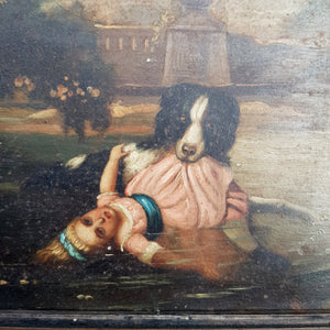 Rare Oil On Board Painting Of Dog Pulling A Drowned Child From Lake Antique circa 1800
