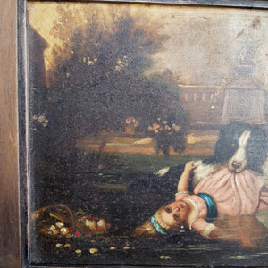 Rare Oil On Board Painting Of Dog Pulling A Drowned Child From Lake Antique circa 1800