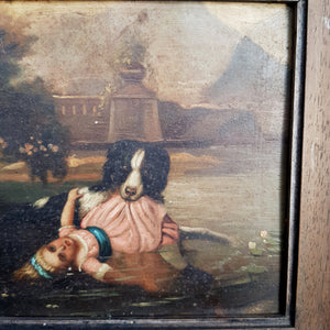 Rare Oil On Board Painting Of Dog Pulling A Drowned Child From Lake Antique circa 1800