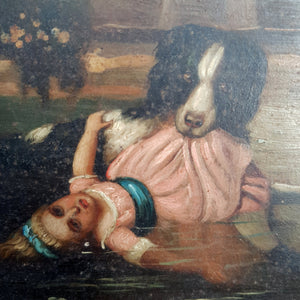 Rare Oil On Board Painting Of Dog Pulling A Drowned Child From Lake Antique circa 1800
