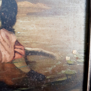 Rare Oil On Board Painting Of Dog Pulling A Drowned Child From Lake Antique circa 1800