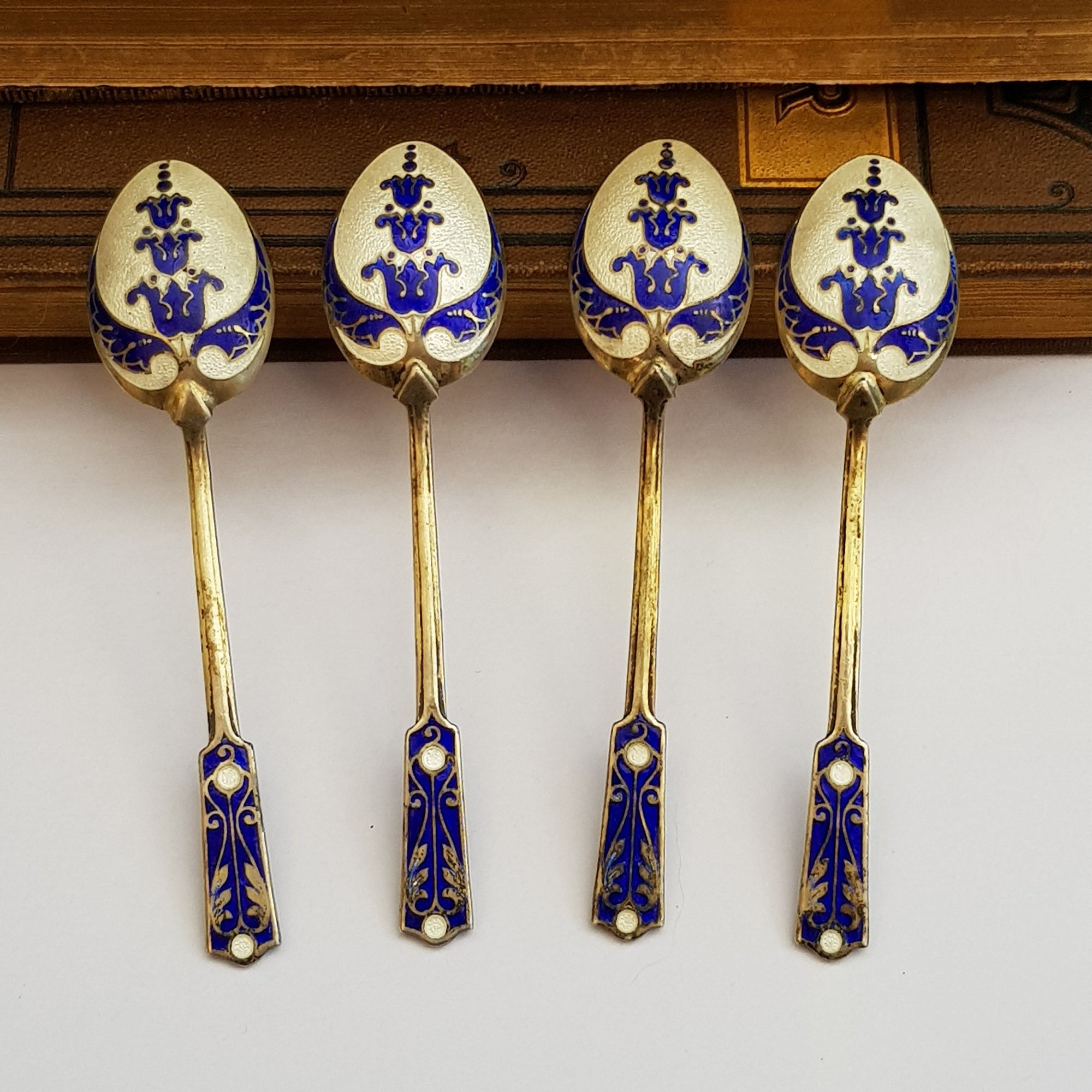 Sterling Silver Enamel Finished Art Nouveau Blue Bell Pattern Set of x4 Tea Spoons Birmingham circa 1968