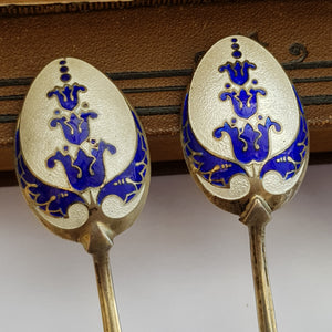 Sterling Silver Enamel Finished Art Nouveau Blue Bell Pattern Set of x4 Tea Spoons Birmingham circa 1968
