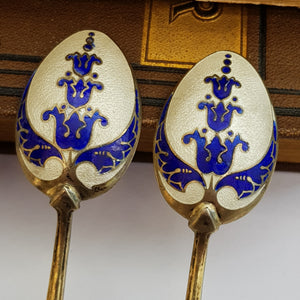 Sterling Silver Enamel Finished Art Nouveau Blue Bell Pattern Set of x4 Tea Spoons Birmingham circa 1968