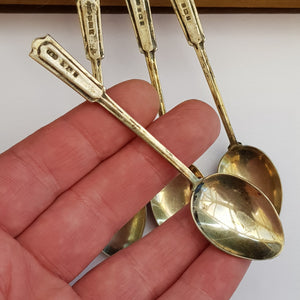Sterling Silver Enamel Finished Art Nouveau Blue Bell Pattern Set of x4 Tea Spoons Birmingham circa 1968