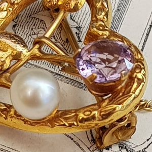 9k Gold Pearl & Amethyst Victorian Love Heart Brooch Vintage Edinburgh Circa 1961