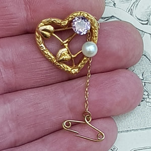 9k Gold Pearl & Amethyst Victorian Love Heart Brooch Vintage Edinburgh Circa 1961