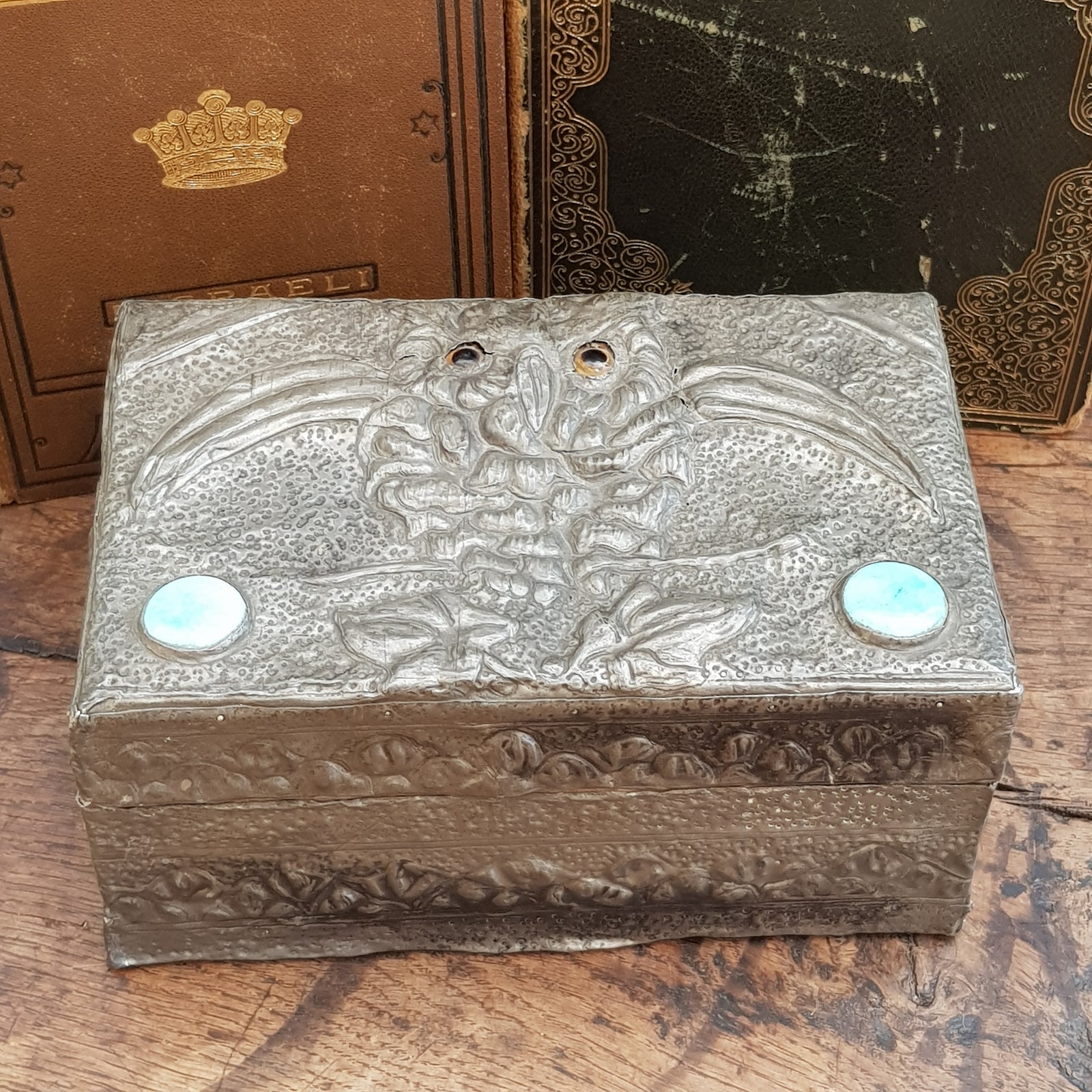 Arts & Crafts Pewter Worked Three Dimensional Owl Decorated Box With Ruskin Roundels Antique Circa 1905
