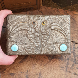 Arts & Crafts Pewter Worked Three Dimensional Owl Decorated Box With Ruskin Roundels Antique Circa 1905