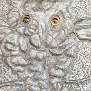 Arts & Crafts Pewter Worked Three Dimensional Owl Decorated Box With Ruskin Roundels Antique Circa 1905