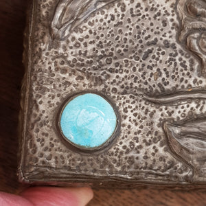 Arts & Crafts Pewter Worked Three Dimensional Owl Decorated Box With Ruskin Roundels Antique Circa 1905