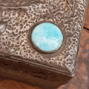Arts & Crafts Pewter Worked Three Dimensional Owl Decorated Box With Ruskin Roundels Antique Circa 1905