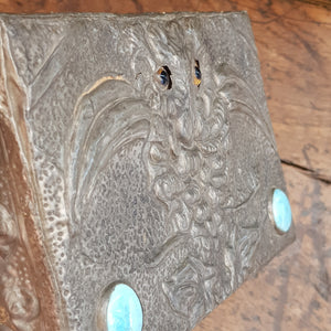 Arts & Crafts Pewter Worked Three Dimensional Owl Decorated Box With Ruskin Roundels Antique Circa 1905