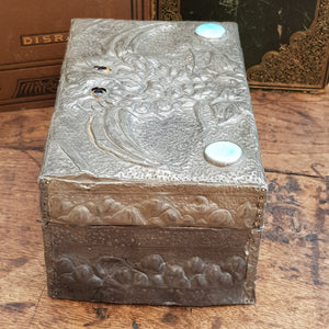 Arts & Crafts Pewter Worked Three Dimensional Owl Decorated Box With Ruskin Roundels Antique Circa 1905
