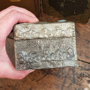 Arts & Crafts Pewter Worked Three Dimensional Owl Decorated Box With Ruskin Roundels Antique Circa 1905