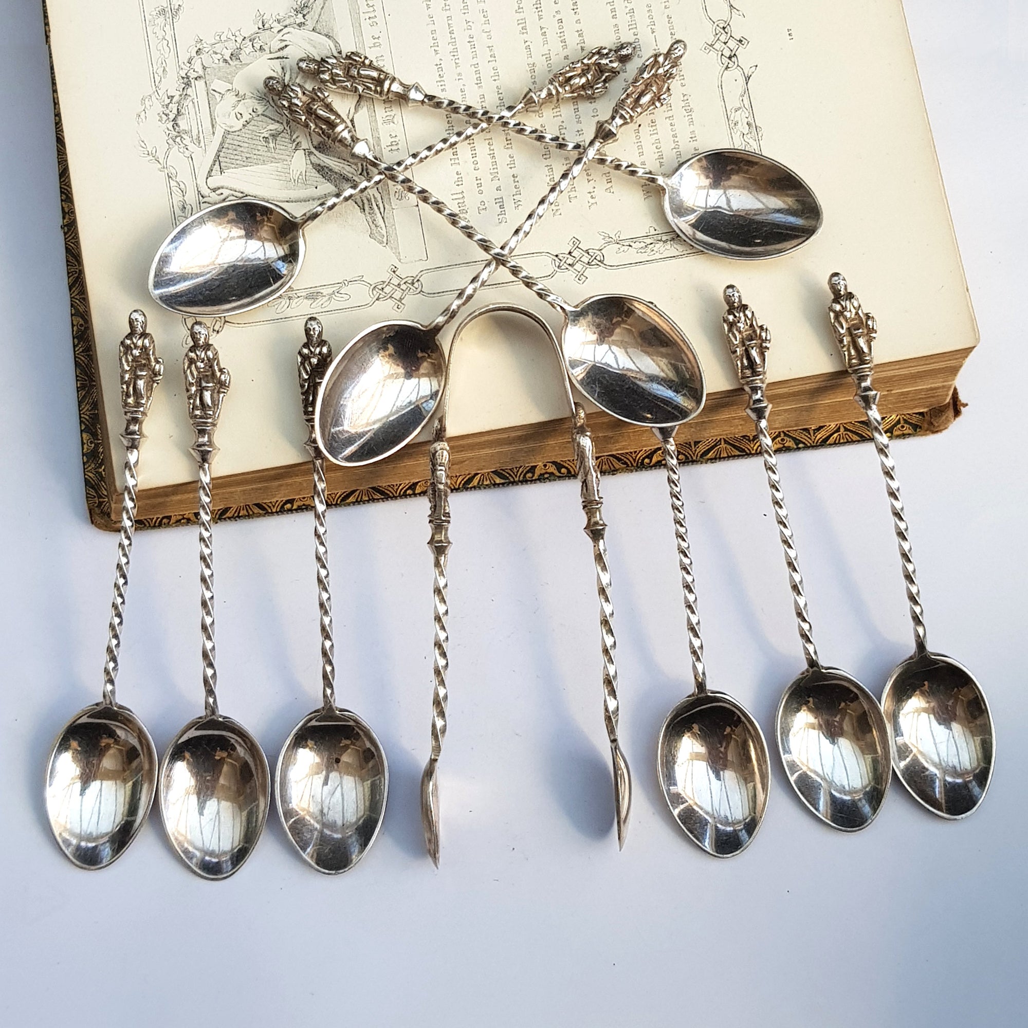 Sterling Silver Clansman Tea Spoons & Sugar Tongs Set Antique Sheffield Circa 1901