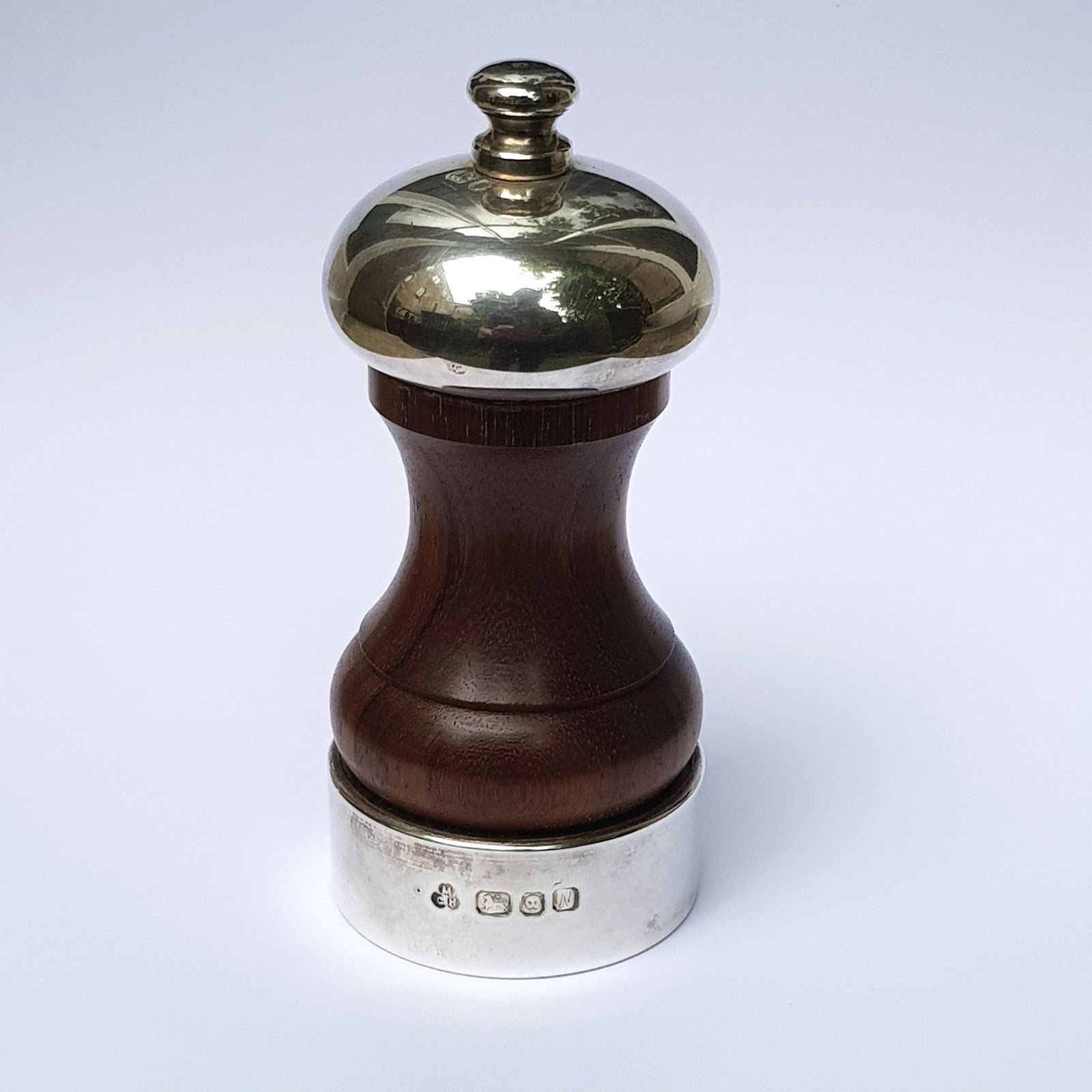 Sterling Silver Mounted Carved Olivewood Pepper Mill Vintage London Circa 1987