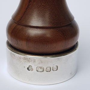 Sterling Silver Mounted Carved Olivewood Pepper Mill Vintage London Circa 1987