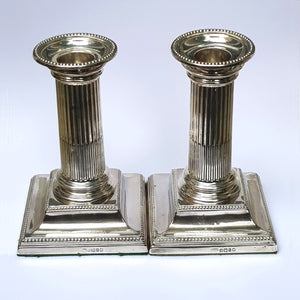 Sterling Silver Pair Of Heavy Corinthian Column Candlesticks Antique Victorian Sheffield Circa 1878