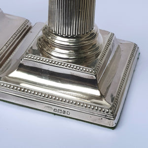 Sterling Silver Pair Of Heavy Corinthian Column Candlesticks Antique Victorian Sheffield Circa 1878
